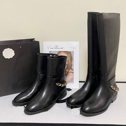 Chanelliness New Luxury Brand Popular Women's Chain Mid Length Boots Small Fragrant Tall Rider's Round Head Motorcycle Boots Thick Heels No More Than Knee