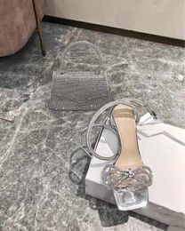 Dress Shoes Silver High With Bow Tie Sandals Fairy Wind Ankle Strap Thin Heels Women's Square Head Rhinestone