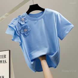 Women's T Shirts 2022 Summer Woman's T-Shirts Beads Three-Dimensional Flower Decoration Single-Side Ruffled Stitching Tops Blue Tees