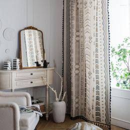 Curtain Bohemian Style Cotton Linen Printed Tape Tassel Kitchen Door Messy Geometric Tube Wear Window Cloth