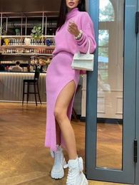 Work Dresses Turtleneck Knitted Sweater Skirt Two Pieces Set Women Autumn Winter 2022 Long Sleeve Pullover Sexy Side Split Midi Skirts Suit