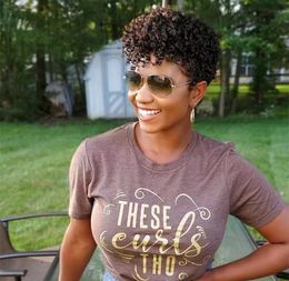 Short pixie cut afro wig human hair with bangs kinky curly wigs brown ombre highlight for black women hd none lace fashionTapered cut 150% gorgeous look