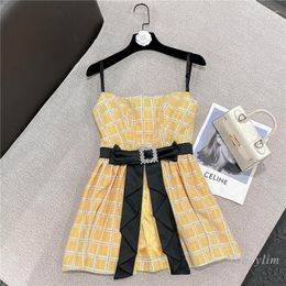 Women's Blouses Off-Shoulder Top 2022 Summer Sweet Rhinestone Buckle Bow Waist Sling Yellow Plaid Blouse For Women