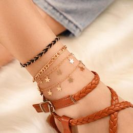Anklets 4pcs/set Star Sequins Tassel Set For Women Bohemian Handmade Rope String Weaving Foot Golden Anklet Female Bracelets
