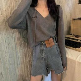 Women's Sweaters Woman Pull Hiver Autumn And Winter 2022 Off-the-Shoulder Short Lace-up Knitted Sweater For Women Femme Chandails