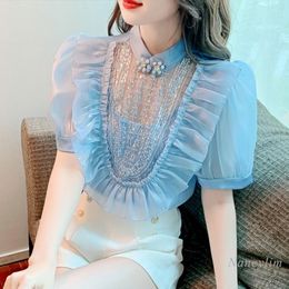 Women's Blouses Summer Machine Embroidery Beaded Hollow-out Chiffon Shirt Women's Design Fashion Chic Satin Short Sleeve Top Blusas