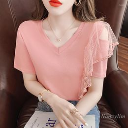 Women's T Shirts Summer Off-Shoulder T-Shirt Women 2022 Beautiful Lace Patchwork Short-Sleeved Tshirt V-Neck Chic Top Lady