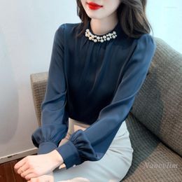 Women's Blouses 2022 Early Autumn Long Sleeves Satin Shirt For Women Beaded Stand Collar Small Blouse Office Lady OL Top Blusas Blue
