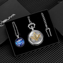 Pocket Watches Freemason Watch Set Fashion Silver Quartz Pendant Clock Letter G Necklace Accessories Gift Box Greeting Card To Father