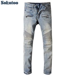 Jeans Sokotoo Men's Men's classic vintage blue stretch denim biker jeans for moto Plus size patchwork slim fit pants T221102