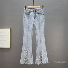 Women's Jeans 2022 Exquisite Rhinestone Skinny Denim Pants Women's Bell-Bottom Trousers Spring Summer Clothing High Waist Slim Fit