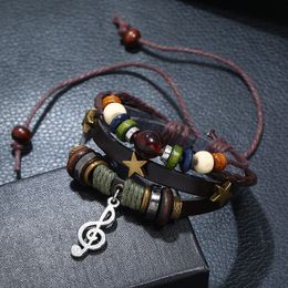 Retro Musical Note Charm Bracelet Weave Multilayer Wrap Bangle Cuff Wristband for Men Fashion Jewellery