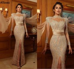 Champagne Long Sleeves Mermaid Prom Dresses Luxury Crystals Sequined High Collar Formal Pageant Evening Gowns Sexy Split With Long Wraps Vestidos De Festa CL1355