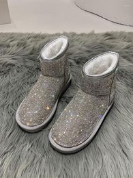 Boots Women's Shoes Snow 2022 Winter Plus Velvet Round Toe Thick Bottom Warm Flashing Diamond Cotton Ankle