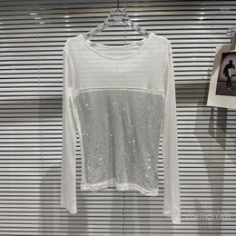 Women's T Shirts 2022 Winter Shinny Rhinestone Stretch Slim Mesh Base T-shirt For Women Long Sleeve Round Neck Tshirt Tops White