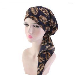 Ethnic Clothing Fashion Moslem Women Hijabs Solid Cotton Pleated Long Tail Hat Floral Print Turban For Lady Charming Turbano Chemotherapy