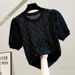 Women's T Shirts 2022 Summer Top Femme Fashion Hollowed-out Crocheted Simple Thin Short-Sleeved Knitted Temperament For Women