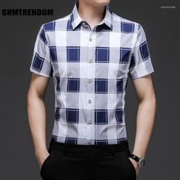 Men's Casual Shirts Colorful Plaid Print Fashion Classic Short Sleeve Dress Shirt Men Summer Quality Mercerized Cotton Smooth Thin Chemise