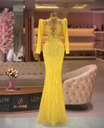 Dress Long Prom Yellow Sleeves V Neck Bling Sequins Appliques Lace Beaded Sweep Length Plus Size Evening Dresses Custom Made es