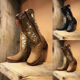 Large Size Women Boot Vintage Embroidered Round Toe Thick Heel Knight Boots