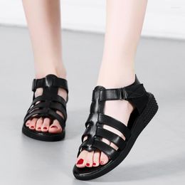 Sandals OUKAHUI Plus Size 34-44 Low Heel Genuine Leather Roman Gladiator Flat For Woman Summer Shoes Peep Toe Black Sandalias