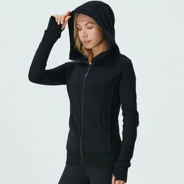 Yoga Outfits LU-98 Women Brushed Full Zip Hoodie Jacket Sportswear Hooded Workout Track Running Coat with Pockets Outdoor Fleeces Thumb6