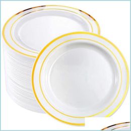 Disposable Dinnerware Disposable Dinnerware 25Pcs Golden Plastic Tableware Plate Wedding Gift Birthday Party Supplies Drop Delivery Dhaqn