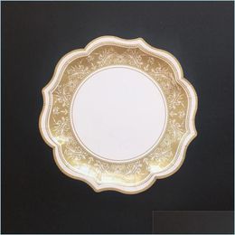 Disposable Dinnerware Disposable Dinnerware 8Pcs 30Cm Party Tableware Paper Retro Rose Gold Cake Plates Decoration Wedding Birthday Dhevl