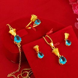 Necklace Earrings Set Japan And South Korea Fashion Flowers Water Drop 24k Gold Ear Hook Wholesale Pendant Rings Link