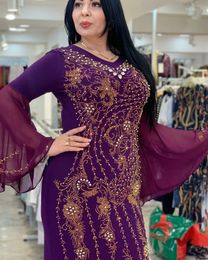 Ethnic Clothing African Dresses For Women Muslim Kaftan Arabic Floral Sexy Purple Shiny Long Sleeve Dress Abaya Blanca Party