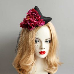 Halloween Party Hair Accessories Black Witch Hats with Mesh & Red Flower Girls Halloween Fascinators Ladies