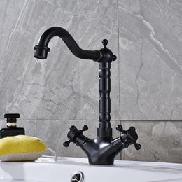 Bathroom Sink Faucets Black Bronze Double Handles Mixer Faucet Deck Mount 360 Rotate Kitchen And Cold Water Taps