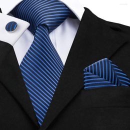 Bow Ties Classic Blue Striped Tie Hanky Cufflinks Sets Mens Silk Set For Party Business Wedding Men Gravatas SN-404