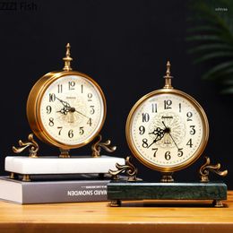 Table Clocks Retro Golden Clock Crafts Silent Sweep Needle Living Room Decoration Marble Base Desk Timepiece Vintage Home Decor