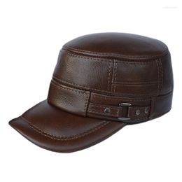 Berets Winter-proof Leather Hat Men's Ear Protection Cowhide Cap Flat Top Middle-aged And Elderly Warm Cotton Old Man Dad Visors