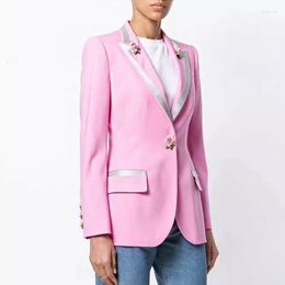 Women's Trench Coats High Quality 2022 Coat Women Fashion Runway Blazer Feminino Long Sleeve Rose Flower Appliques Patchwork Print Pink