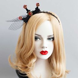 Baroque Queen Hair Accessories Crown Halloween Party Black Netted & Burgundy Rhinestone Deco Headbands Crown Princess Cosplay Headband