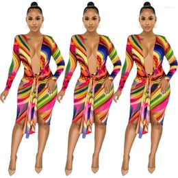 Casual Dresses Deep V Neck Striped Print Full Sleve Women Dress Beach Sexy Night Party Vestidos Summer 2022