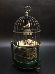 Table Clocks Antique Craft Birdcage Model Mechanical Clock Chinese Old Copper Bird Cage For Desktop Decoration Home