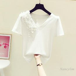 Women's T Shirts 2022 Summer Cotton T-Shirt For Women Sweet Ruffled Flower Decoration V-neck Short-Sleeved Teesl Temperament Top Femme