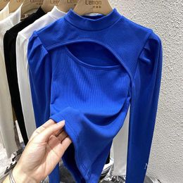 Women's T Shirts Sexy Hollow Out Top Women's Spring Winter Puff Sleeve Inner Wear Slim Fit Half Turtleneck Bottoming Shirt Ladies Tshirt