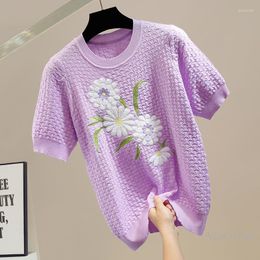 Women's T Shirts Machine Embroidery Sweet Flowers T-Shirt For Women 2022 Round Neck Pullover Short Sleeve Knitwear Lady All-Matching Top