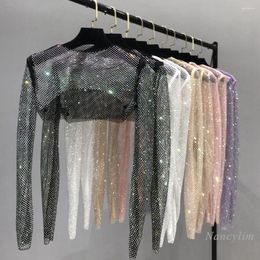 Women's T Shirts 2022 Colourful Crystals Cropped T-Shirt For Women Waistcoat Sunscreen Shawl Summer Thin Long Sleeve Mesh Top Femme