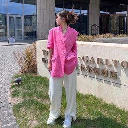 Women's Suits Blazer Summer 2023 Thin Fashion Short Sleeve Linen Suit Women Loose Casual Pink Top Outwear