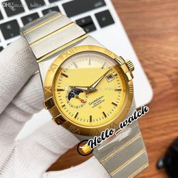 40 -миллиметровый созвездие автоматические мужские часы Gold Dial Stick Marker Moon Fash Display Gents Watch Then Tone Steel Bracelet HWOM Hello269a