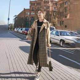 Women's Trench Coats Women's Coat Plaid Stitching Long Double-breasted Big Size Loose Spring Autumn Ladies Cloak Lining Windbreaker