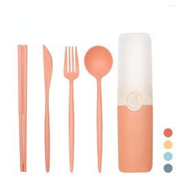 Dinnerware Sets Creative Wheat Straw Portable Storage Tableware Set Cartoon Knife Fork Spoon Chopsticks Student Travel Picnic