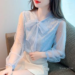 Women's Blouses Fall Shirt Women 2022 Style Puff Sleeve Light Luxury Heavy Work Bow Lace Embroidery Beaded Sequined Chiffon Mesh Blouse Top