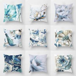 Pillow Blue Ink Floral Square Pillowcase Cover Home Ornament Autumn Polyester Print