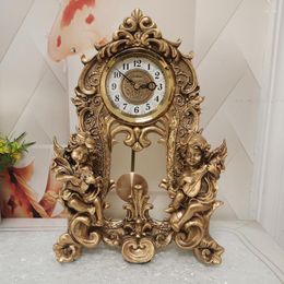 Table Clocks Double Angel Classic Golden Baroque Style Bracket CLOCK Home Living Room Desktop Luxurious Elephant